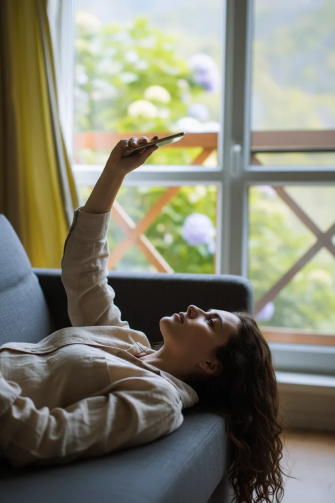 Jeune femme allongée sur un canapé, cheveux dépassant, main tendue tenant un téléphone qu’elle regarde – Sahiya Method, lifestyle et moments détente.