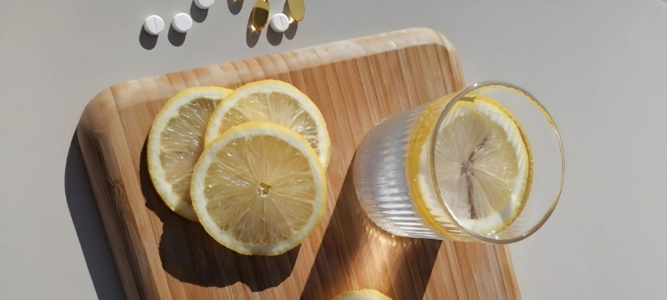 Planche en bois avec un verre de citron, rondelles de citron et gélules de vitamines disposées autour – Sahiya Method, santé et bien-être.