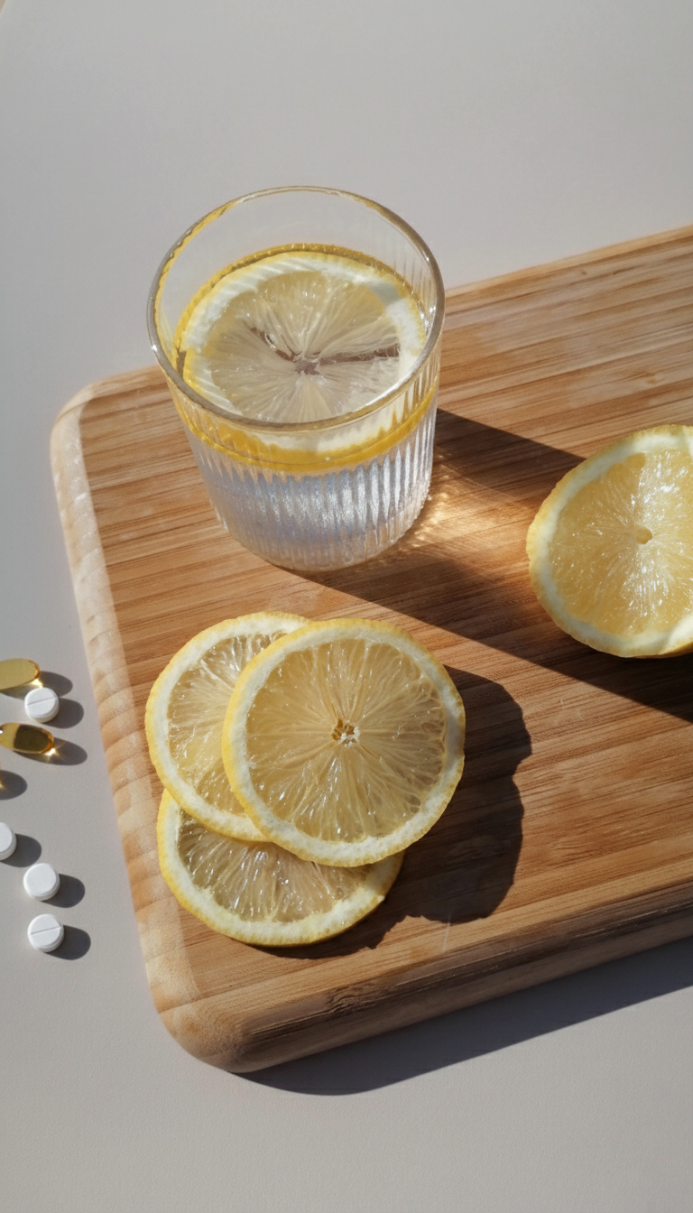 Planche en bois avec un verre de citron, rondelles de citron et gélules de vitamines disposées autour – Sahiya Method, santé et bien-être.