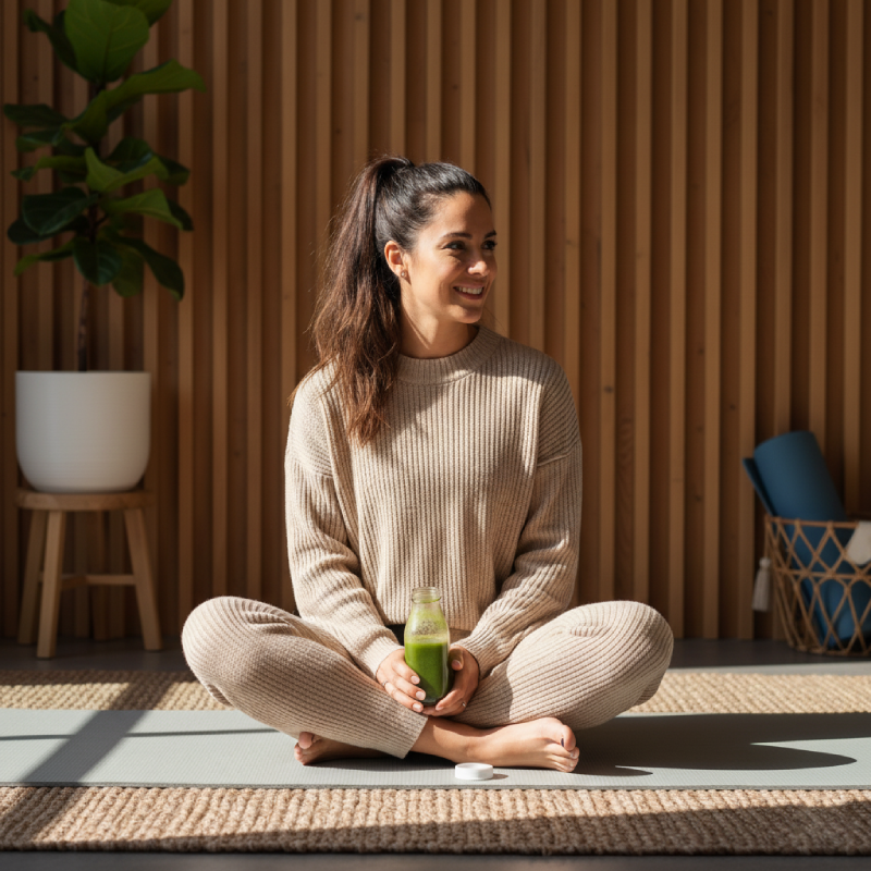 Jeune femme souriante assise en tailleur sur un tapis de yoga, portant un ensemble confortable, tenant une petite bouteille contenant un smoothie vert – Sahiya Method, bien-être et lifestyle sain.